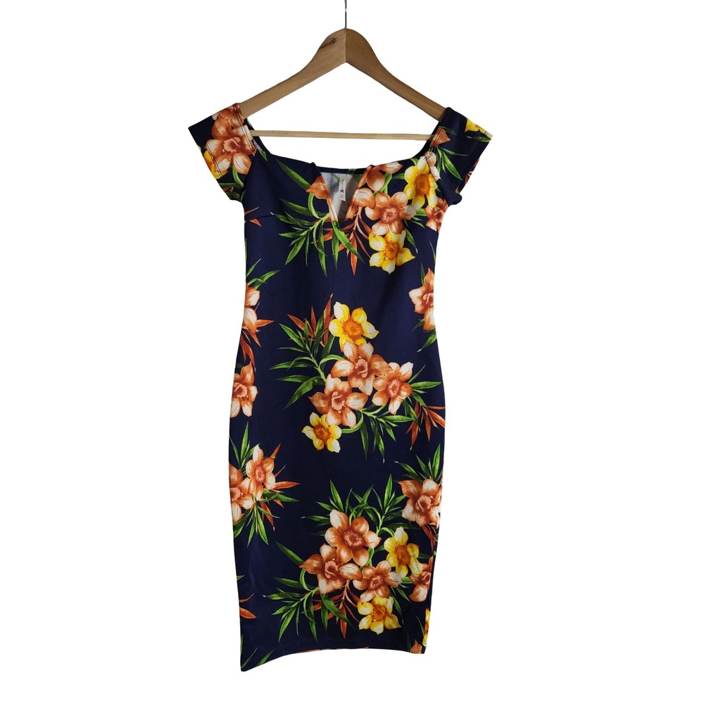 DNA Couture Navy Tropical Floral Off Shoulder Bodycon Sheath Dress M Resortwear